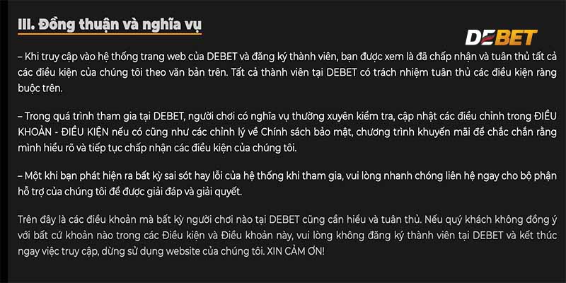 Nghĩa vụ của người chơi đối với chính sách tại Debet.