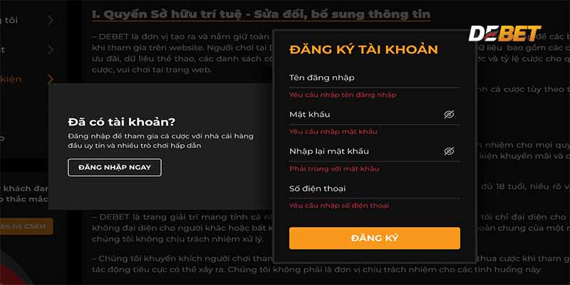 Các Điều Khoản Sử Dụng khi đăng ký làm thành viên Debet.